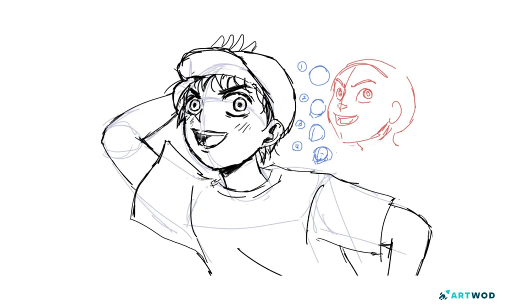 Anime boy eye paintover showing pupil placement, eye construction, facial structure, and four simplified construction stages