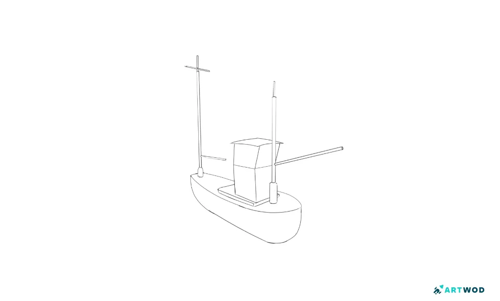 Bootsskizze, einfache Formen, schwarzer Stift, 2D Digitalzeichnung