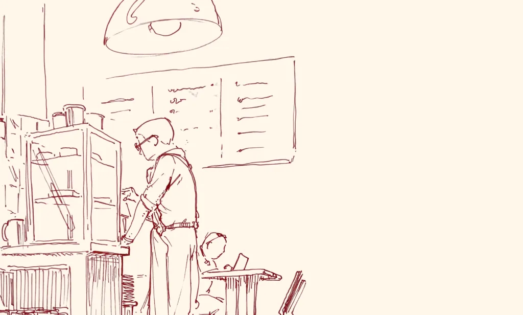 Traditional drawing by Antonio Stappaerts, made in red pen. A man working in a cafeteria. 