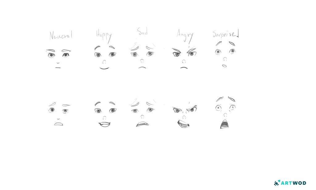 8 facial expressions, no head, just flat expressions: neutral, happy, sad, angry and surprised, 2 faces per expression, 2d, digital drawings black pen