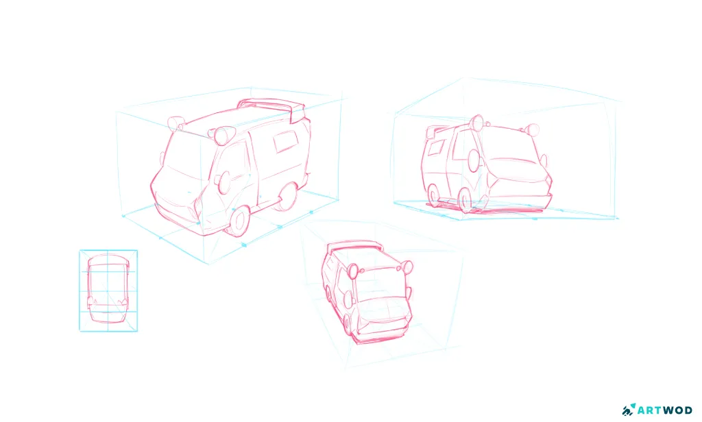 4 car drawings in different perspectives, put in boxes. digital 2d drawings in pink and blue pencils