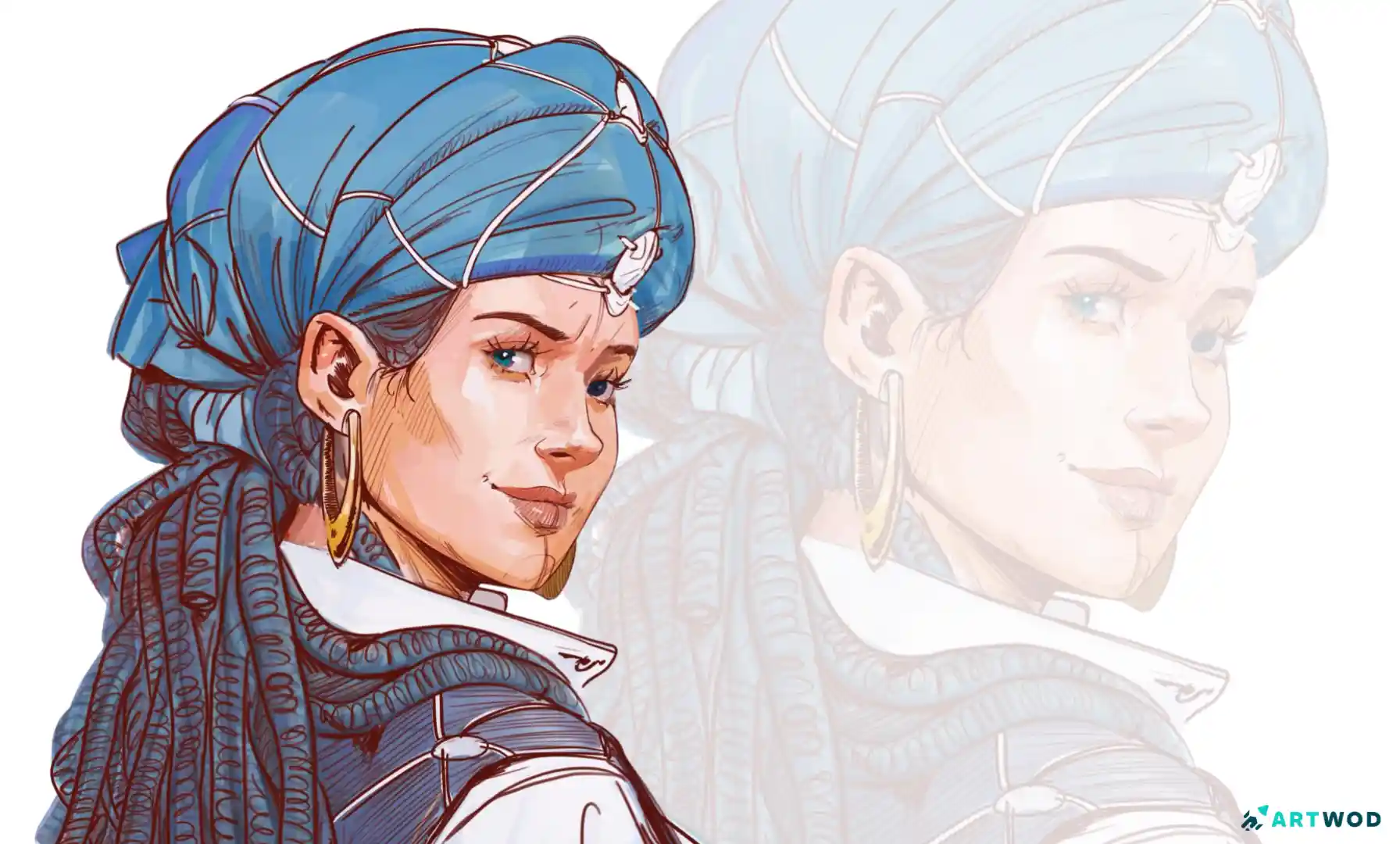 Dessin numérique en 2D d'un pirate par Antonio Stappaerts, en couleur. Une femme pirate avec des dreadlocks portant un foulard sur la tête et regardant en arrière vers le spectateur. Encrage, dessin et peinture numérique.