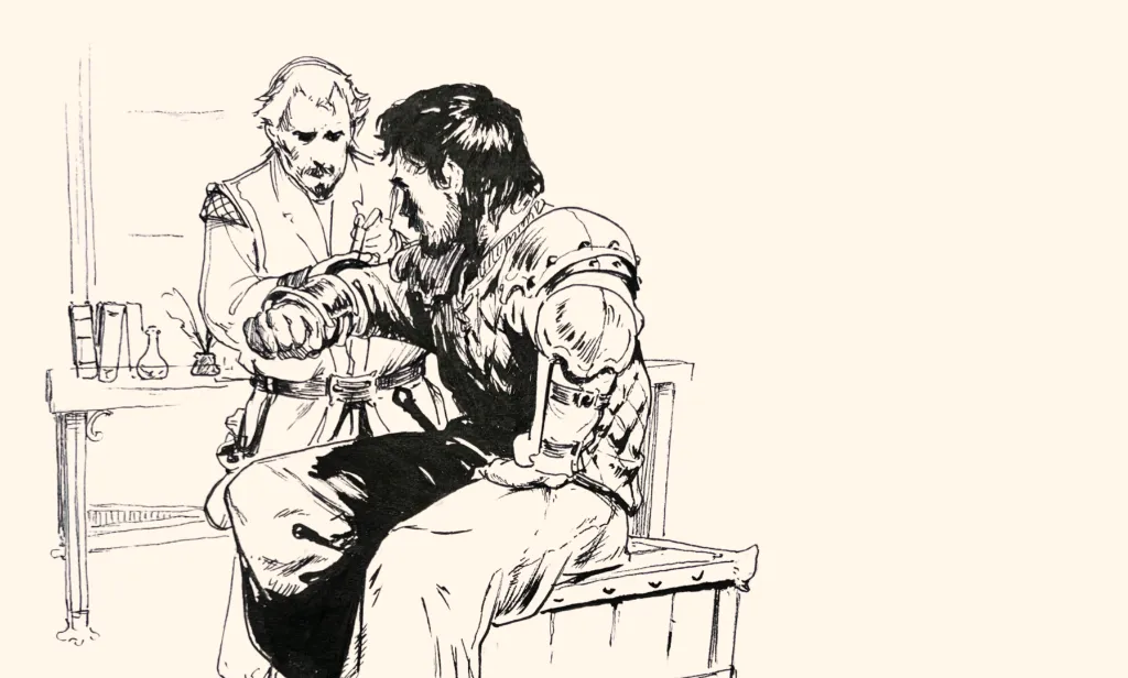 Traditional drawing by Antonio Stappaerts made in black pen. A doctor helping a warrior to stitch his arm.