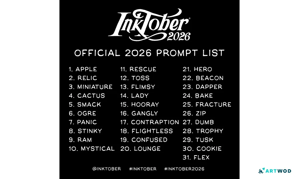 Inktober official prompt list from @Inktober on instagram