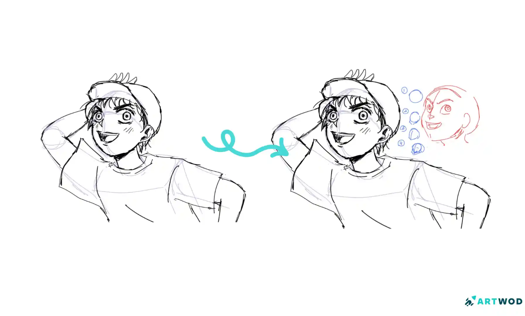 Anime boy eye drawing from a bottom-up viewpoint with pupils, face construction, and dynamic pose