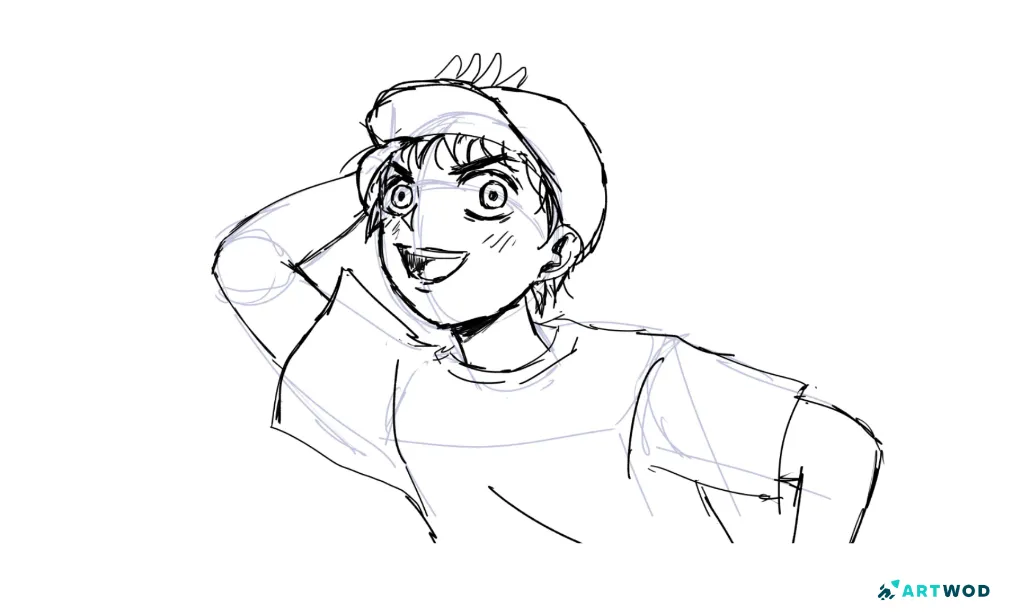 Anime boy eye drawing from a bottom-up viewpoint with pupils, face construction, and dynamic pose
