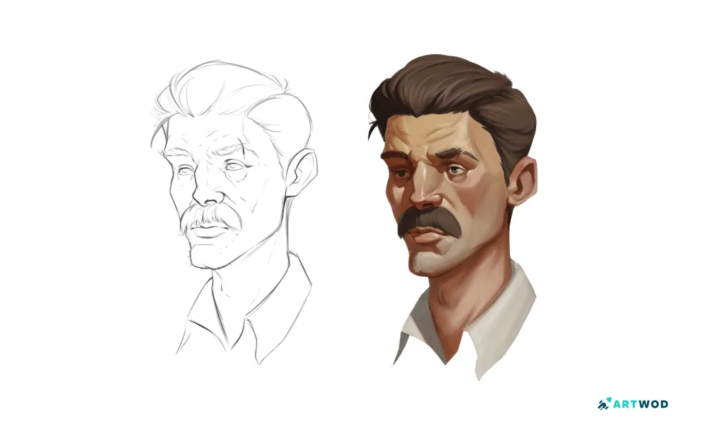 Du croquis au rendu final, art numérique 2D, portrait par Antonio Stappaerts