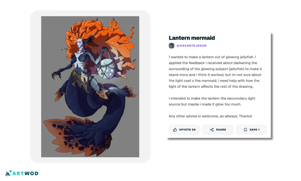 Lantern mermaid drawing with glowing jellyfish, a darkened surrounding area, and a secondary light source
