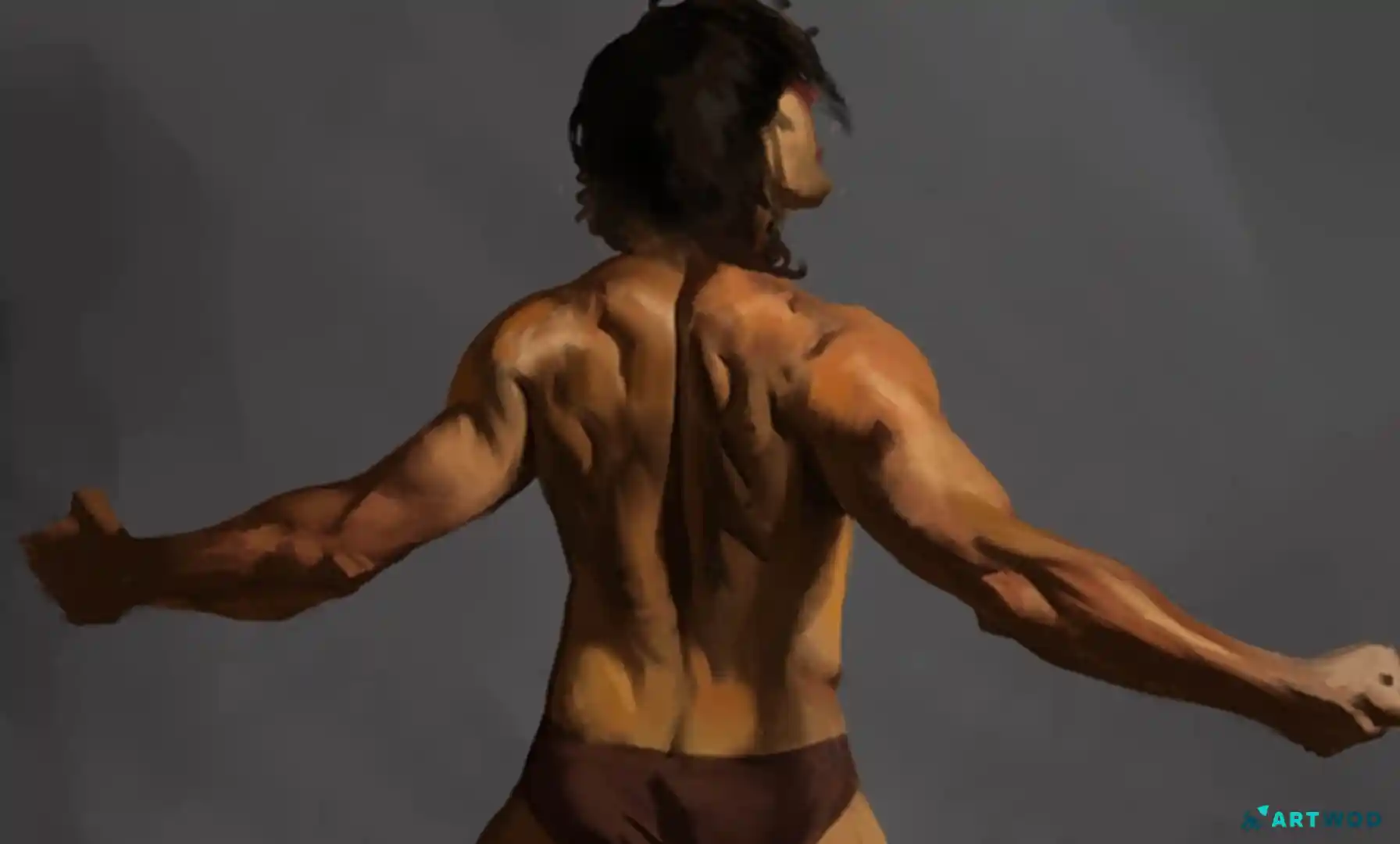 Figure painting of a man, back view. Digital 2d art