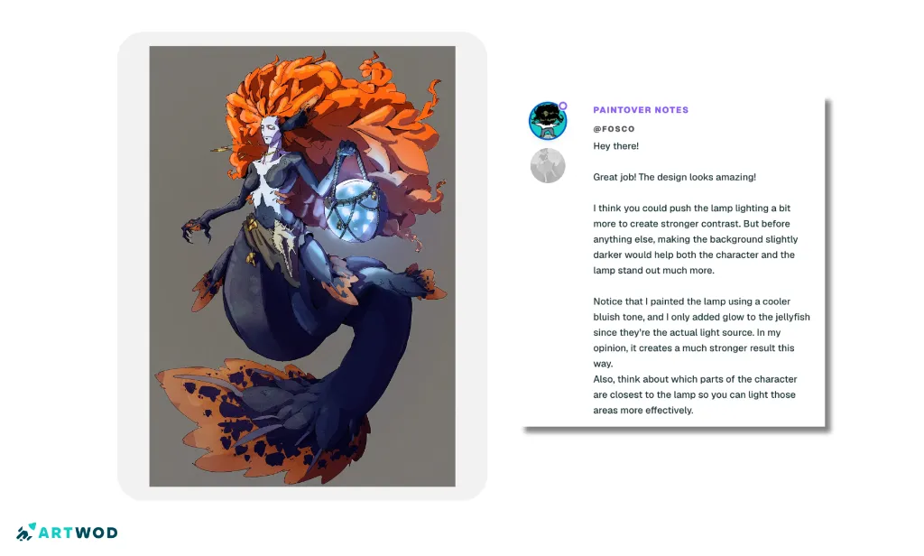 Lantern mermaid drawing paintover feedback focused on glowing light and its effect on the surrounding artwork