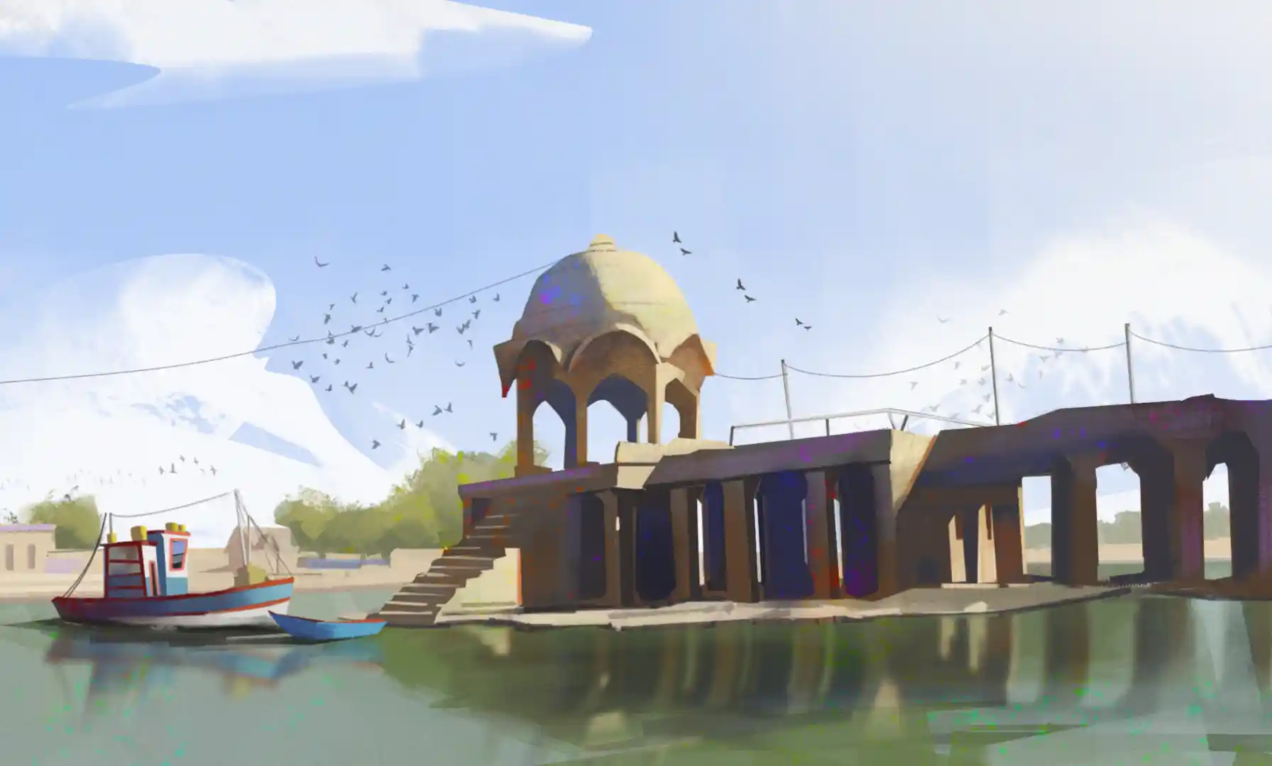 Environment art by Jesus Meza, a river with a boat and architectural structure, ladder, sky and clouds, 2d digital art, painting