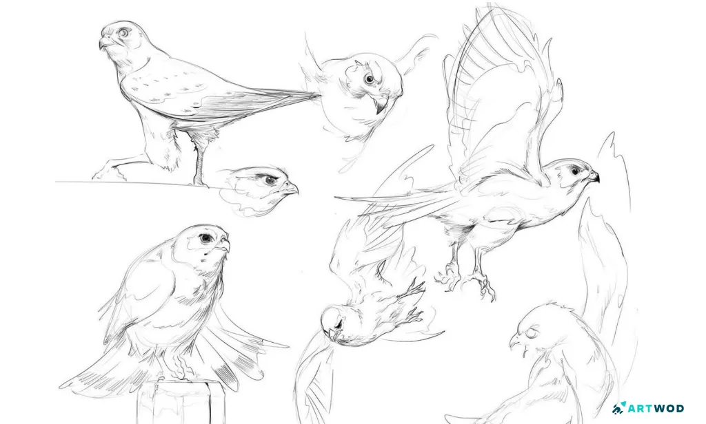 Digital studies of birds by Antonio Stappaerts, page filled with bird digital 2d, drawn in black digital pen/pencil