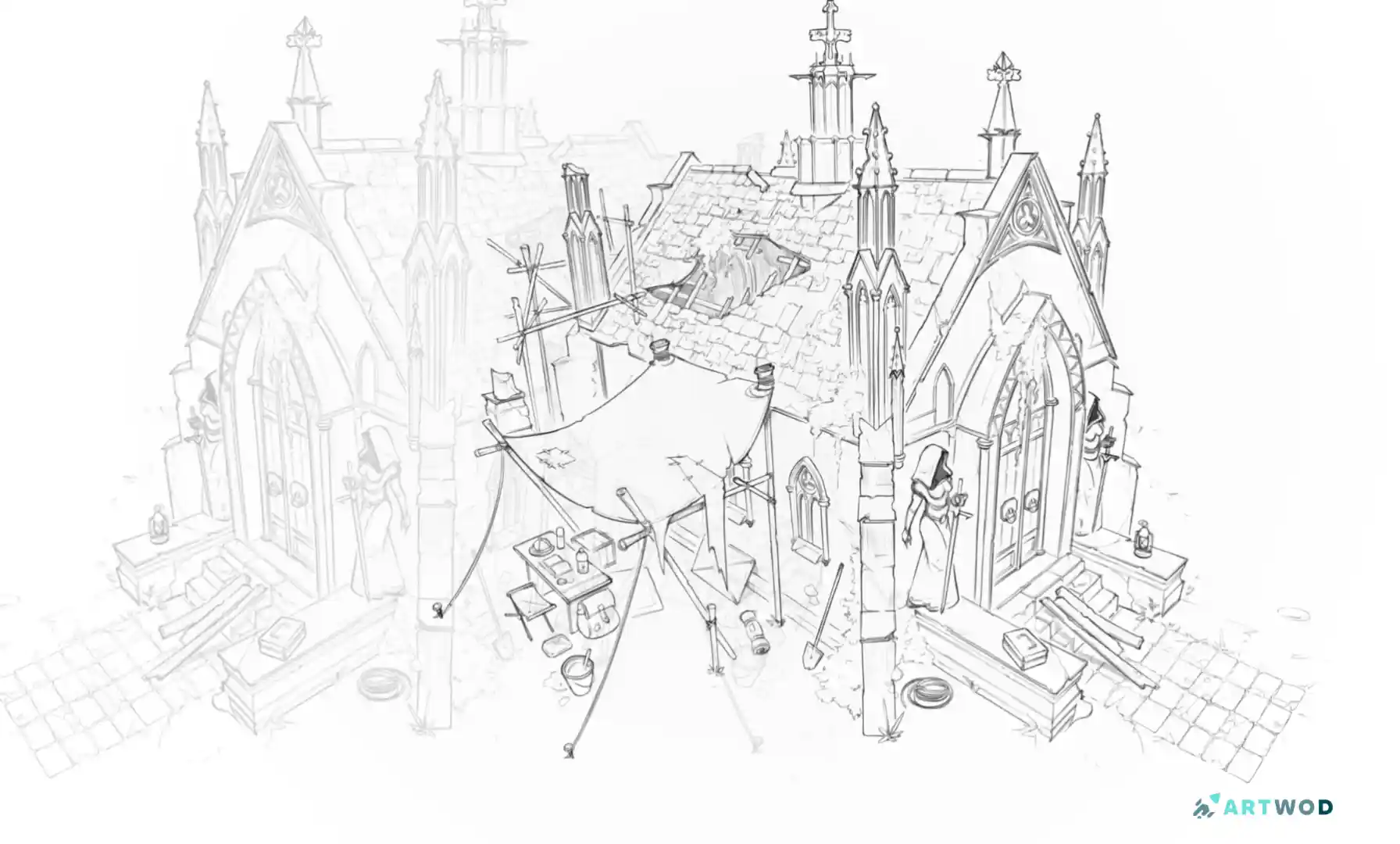 Un dessin de château gothique au stylo noir, art numérique 2D