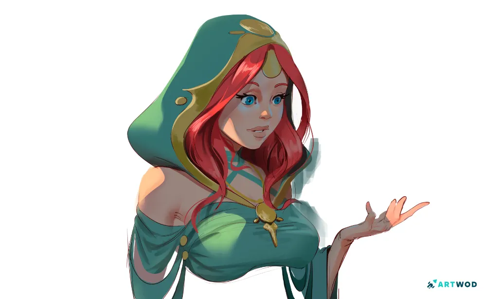 Female mage drawing by Antonio Stappaerts, Red hair, green cloak.&nbsp;