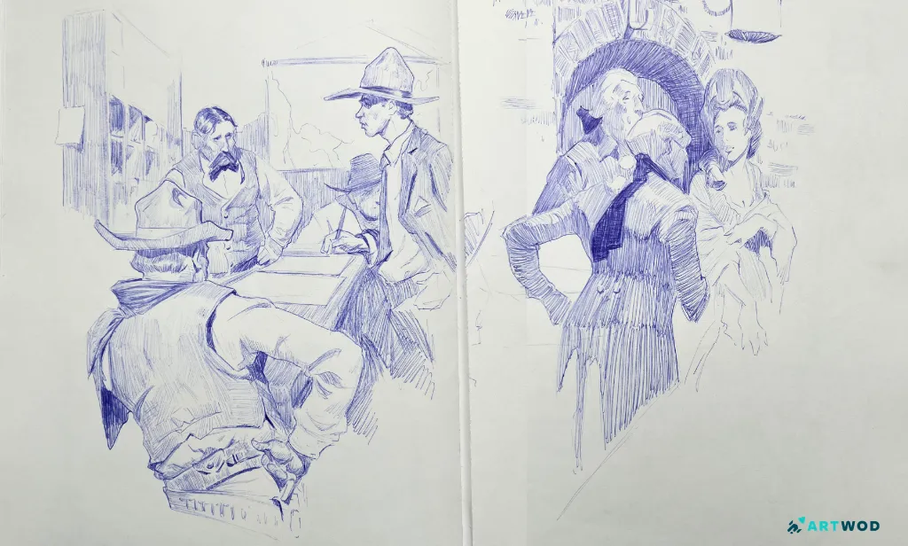 Sketchbook ballpen drawing, 2 pages, scene drawing, 3 men in a tavern, 3 aristocrats speaking