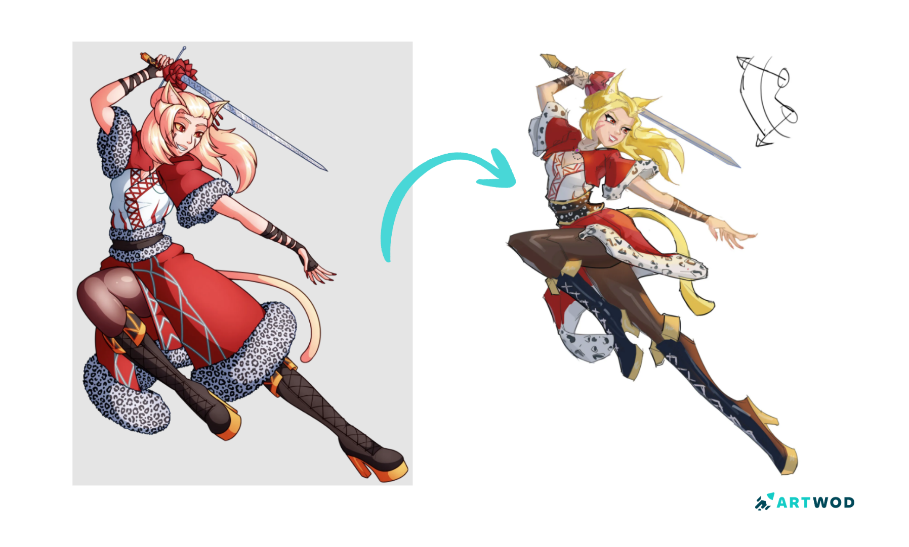 Dynamic anime character drawing with a sword, red outfit, blonde hair, and leopard-print costume details