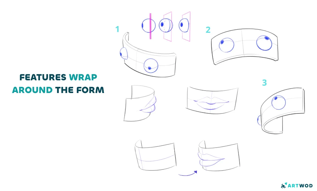Dessins numériques en 2D d'yeux et de lèvres qui s'enroulent autour d'un plan courbé, exemples pratiques