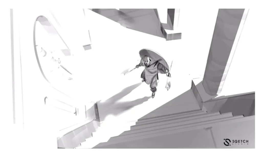 Digital 2d work by Antonio Stappaerts, a man standing at the bottom of the stairs and looking up. Horizontal composition 