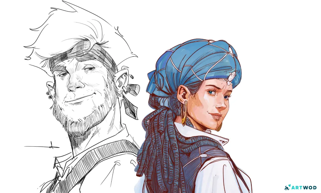 2 dessins numériques en 2D par Antonio Stappaerts, un homme pirate au crayon noir et une femme pirate en couleur