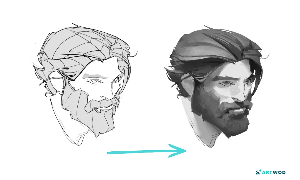Exemple de comment dessiner des cheveux, en commençant par le volume. 2 étapes. Art numérique 2D