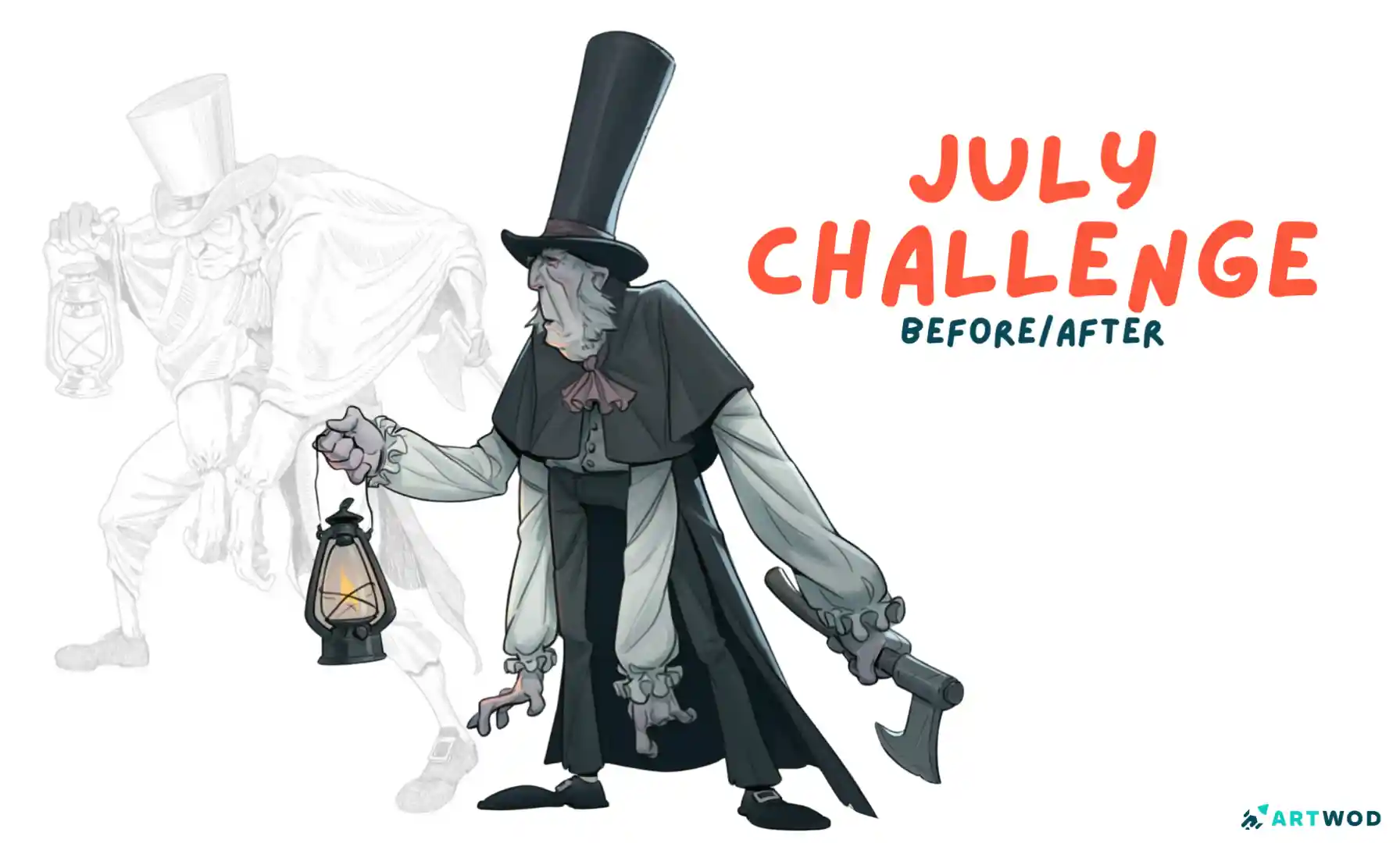 2d Digital drawing by Axel Van Nederkassel, a man with 4 arms in victorian clothes and big hat. Behind him a silhouette of the same drawing but older version. Text says : July Challenge Before/After