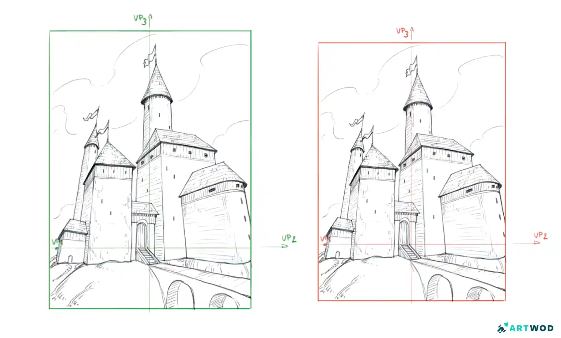 Two castle digital 2d drawings side by side, with 2 vanishing points indicated 