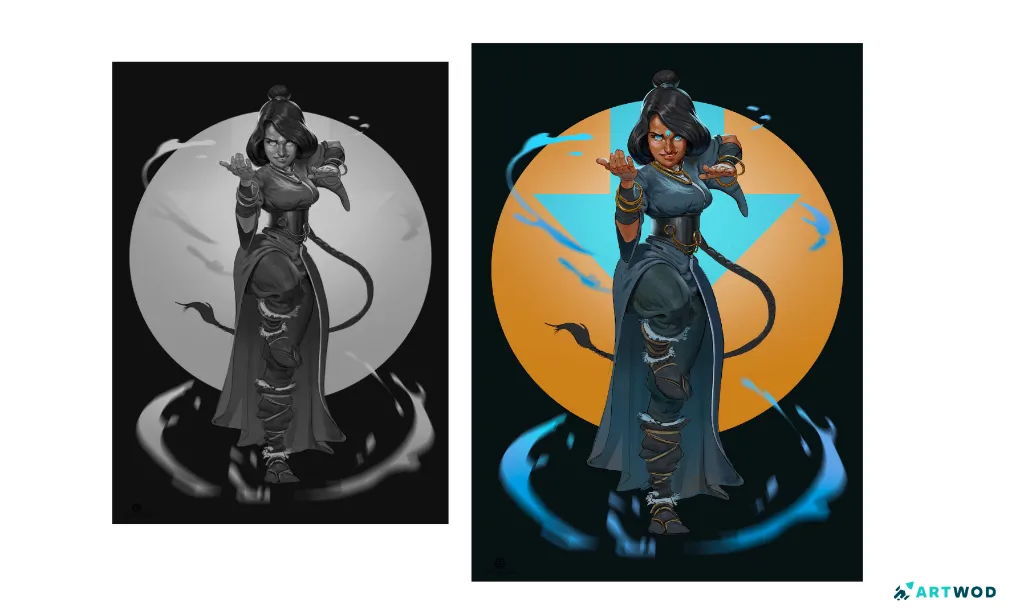 Character design by Antonio Stappaerts. Witch woman casting a spell. Values breakdown and color version. Digital 2d art.
