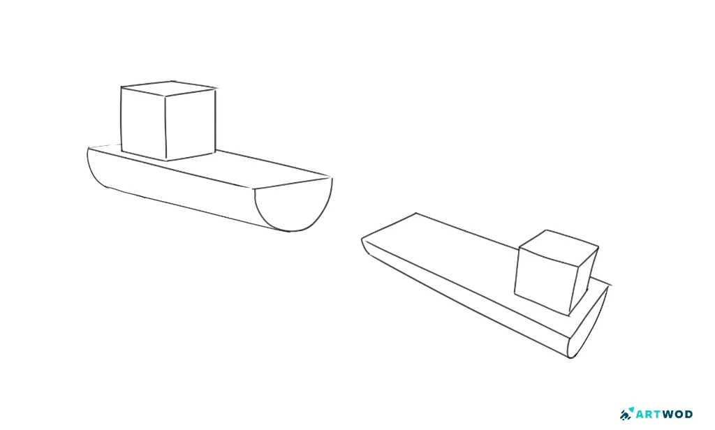 Boot zeichnen: einfache Basis. Ein Halbzylinder mit Boxen darauf.