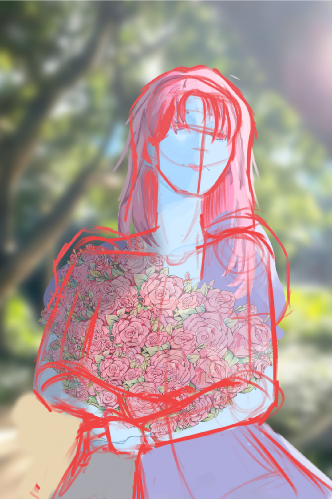 Pink haired girl in a park