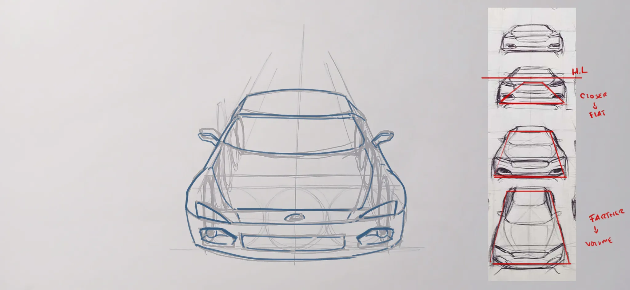 One point car perspective front-up view