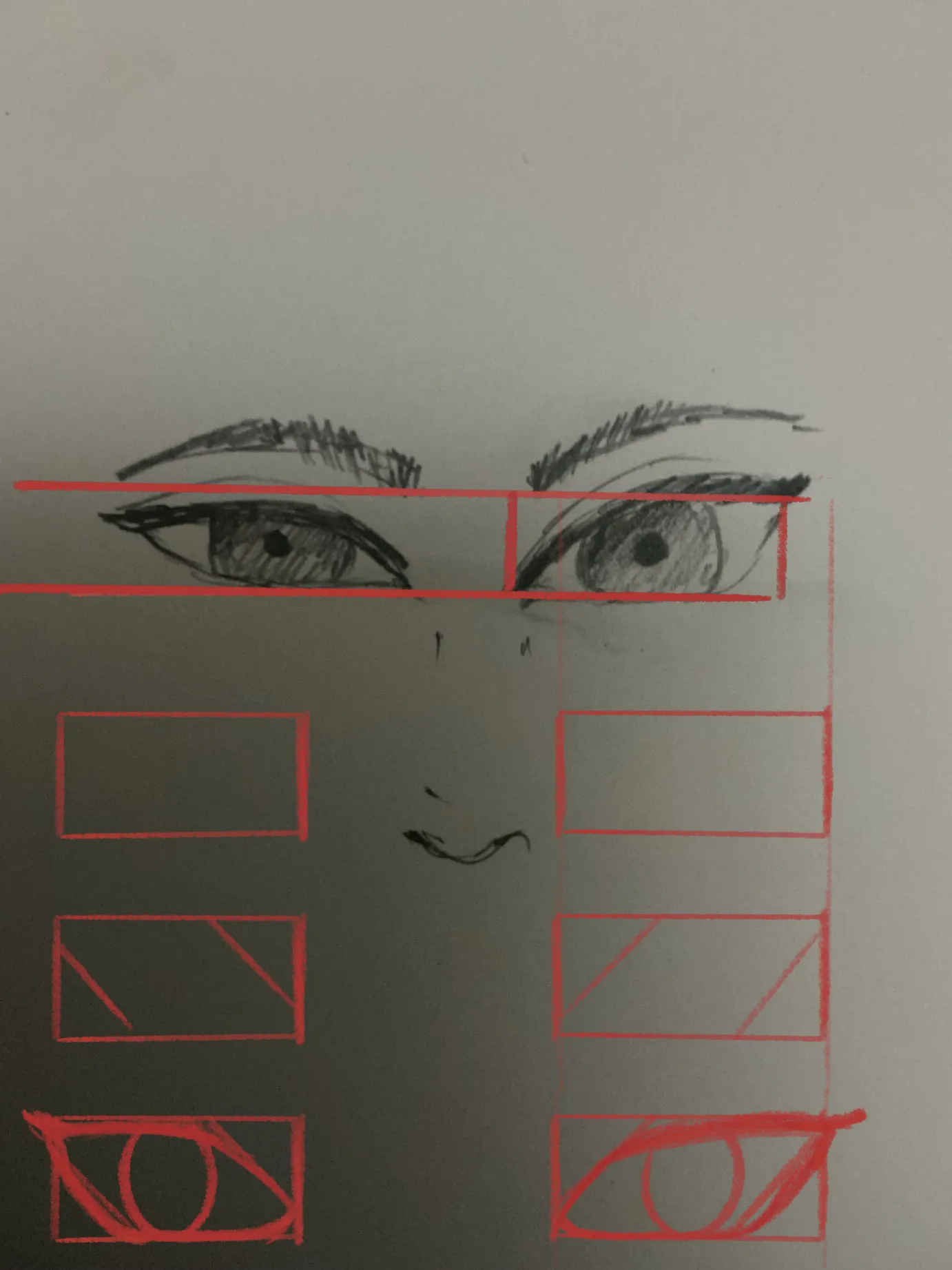 easy way to draw anime eyes? mine still look off	I’m trying to sketch anime eyes and they never really look even. one is always a little bigger or sitting weird. I mostly use pencil. I think my proportions and construction need work, would appreciate some feedback on what to fix