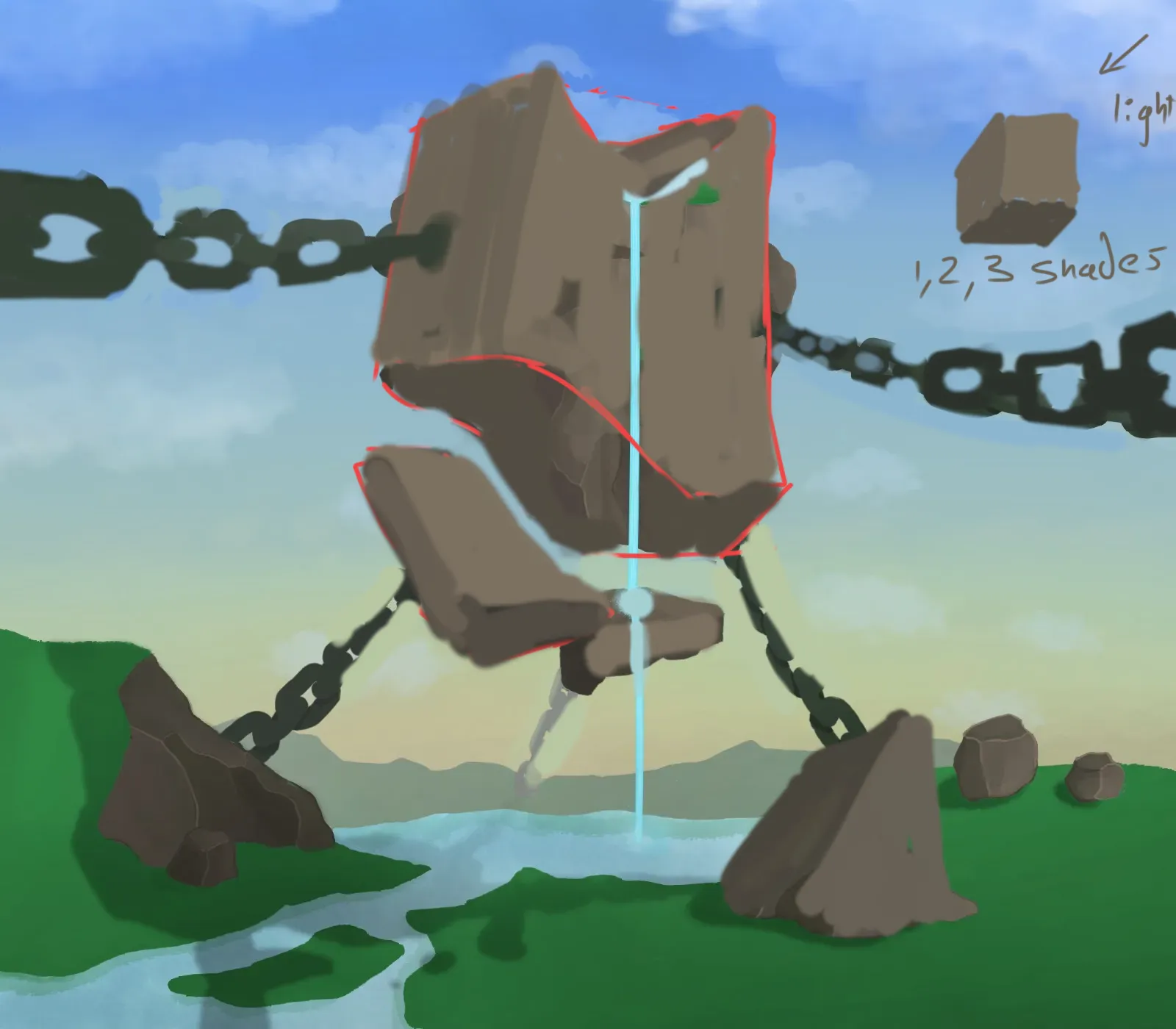 Chained monolith with waterfall