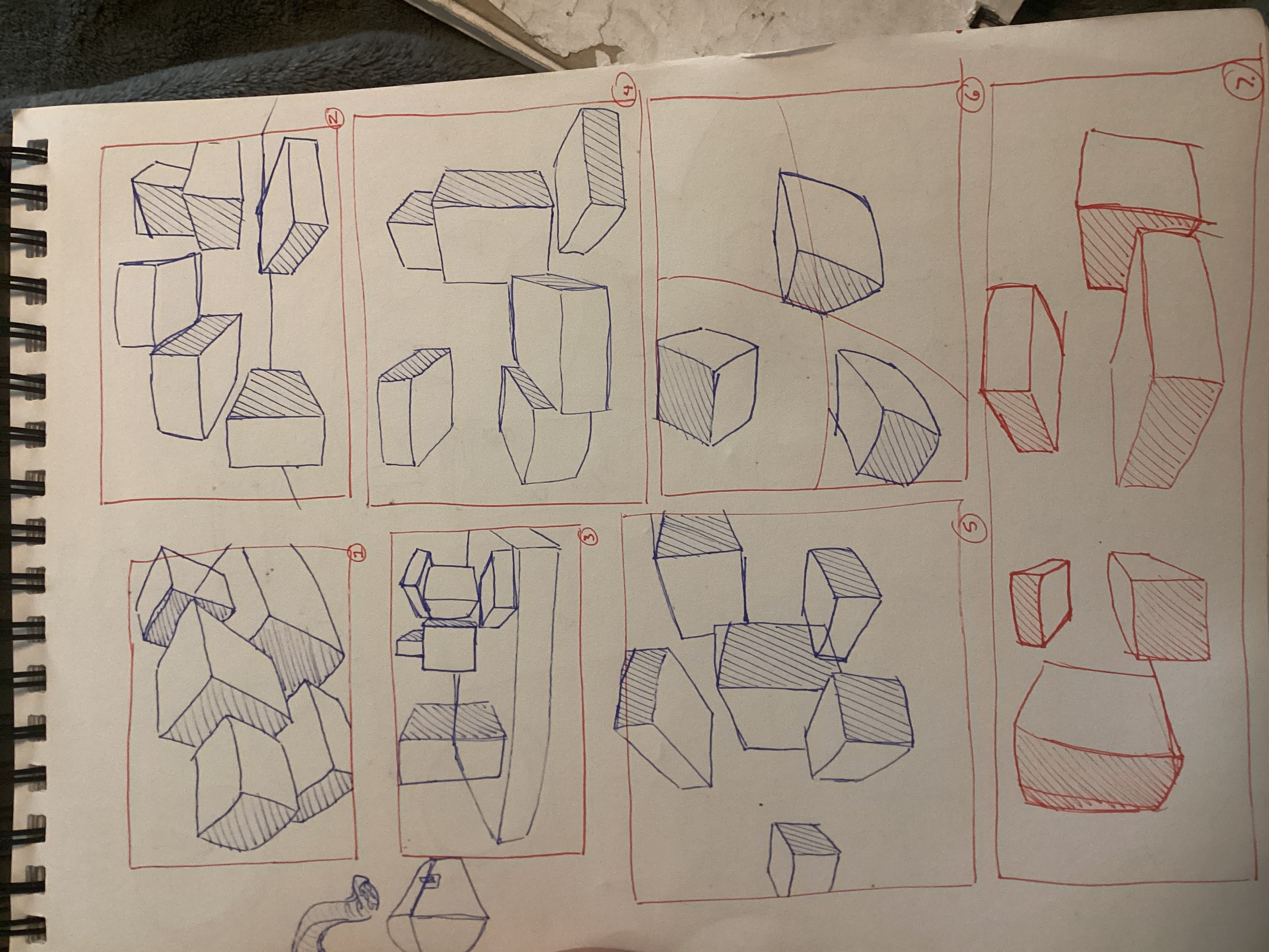 Drawing forms in the same perspective Chalenge 52 week 3. Before you say it I am aware the line should b converging. Anything after that is what I need help with. Week 3 starts to use some curvilinear but what is most confusing is the example like #6 where I tried to use a guideline. I have many more examples if necessary.