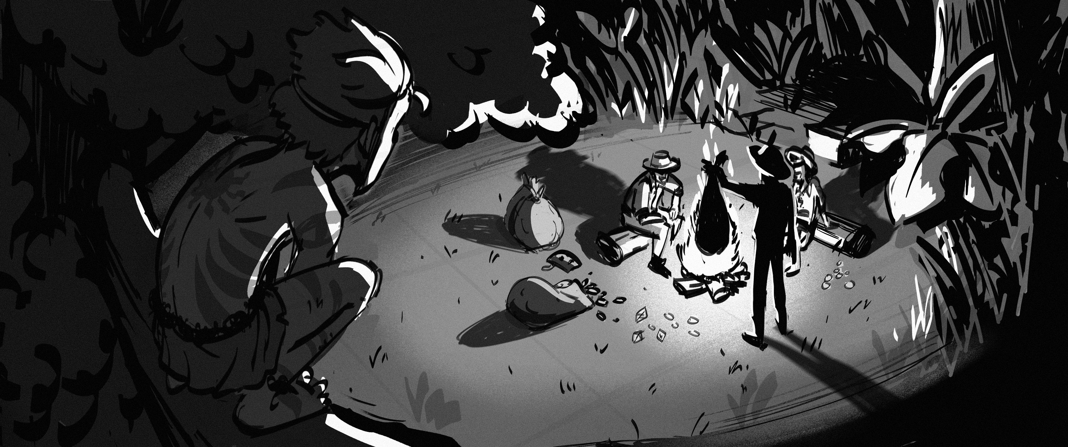 Hello, I recently drew this illustration for my storyboard portfolio. I was wondering if the image is clearly readable. Is the perspective alright? Can you spot a focal point? Are the silhouettes strong and clear enough? And also my main concern are the values. I wanted to clearly separate the foreground from the midground/Background but i feel like the values are all similar. I would love some feedback, thanks in advance :)