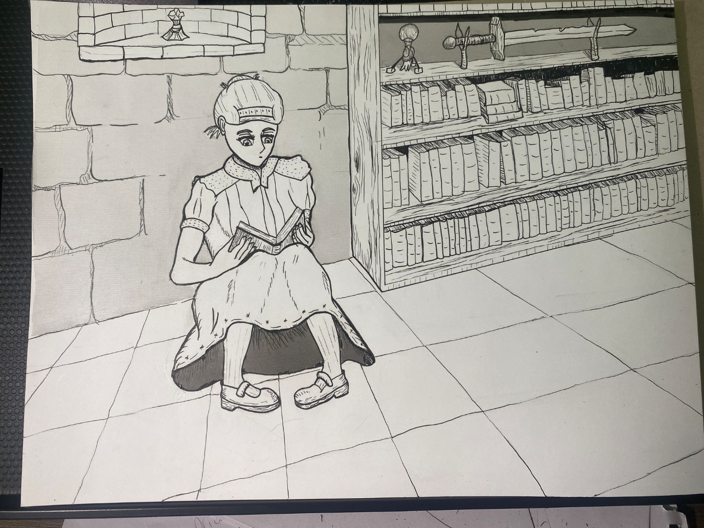 Girl reading in an old library