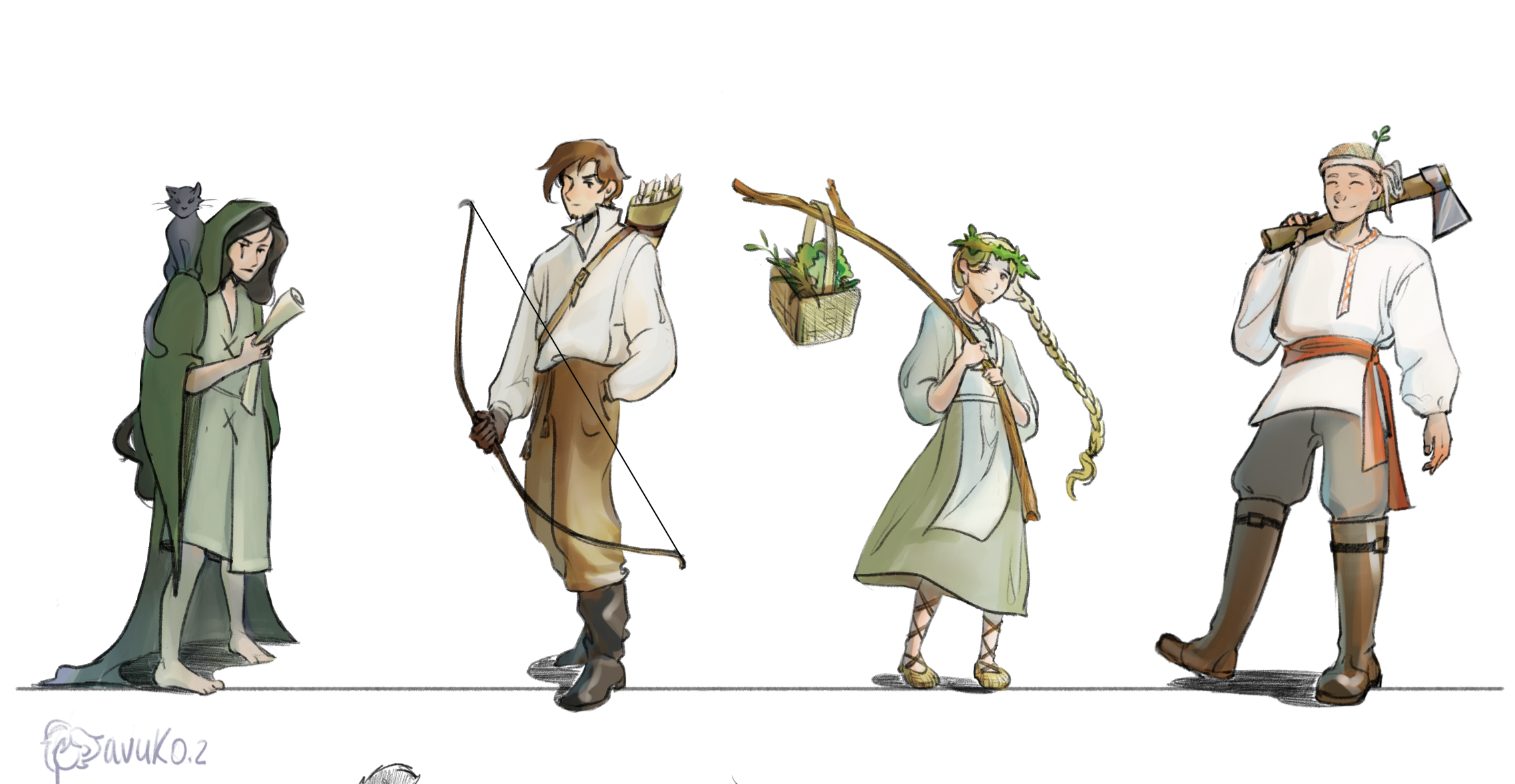 Hi! I'm trying to design characters for the game, and the 'normal people' group looks way too boring.. they have to suit old slavic clothes theme so idk how to play with that. please share your thoughts on what shall be changed here!