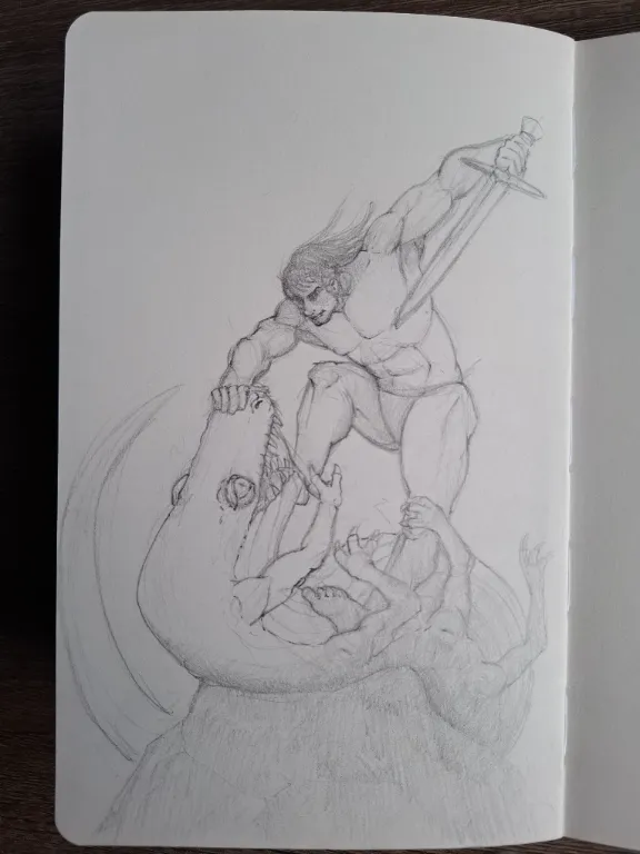 I know my values, line quality and anatomy is all over the place but I felt the need to try a Frazetta like drawing!
Give me your honest critique. I come from a creative field, so I can take it!
For this drawing I mostly focused on the design/composition and some basic anatomy (forearms are hard yo)